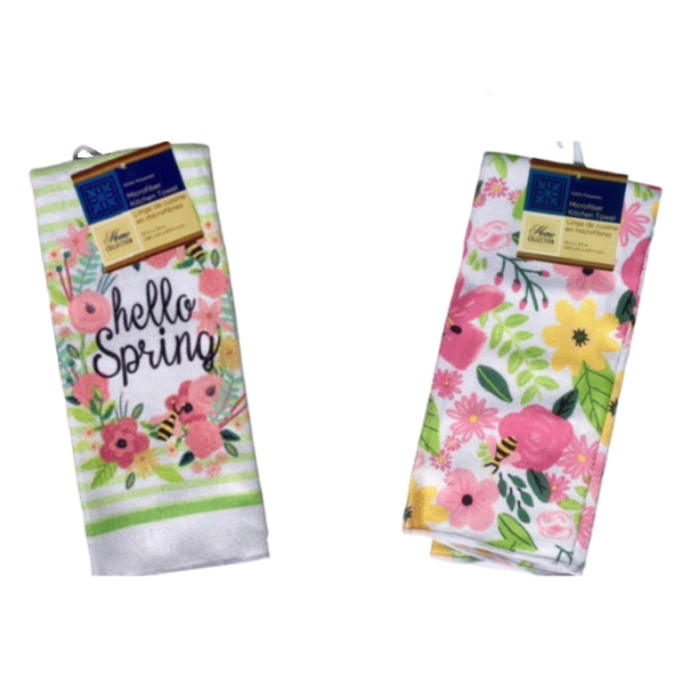 Hello Spring Floral Bee Microfiber Kitchen Towels - Pink & Green, Set of 2